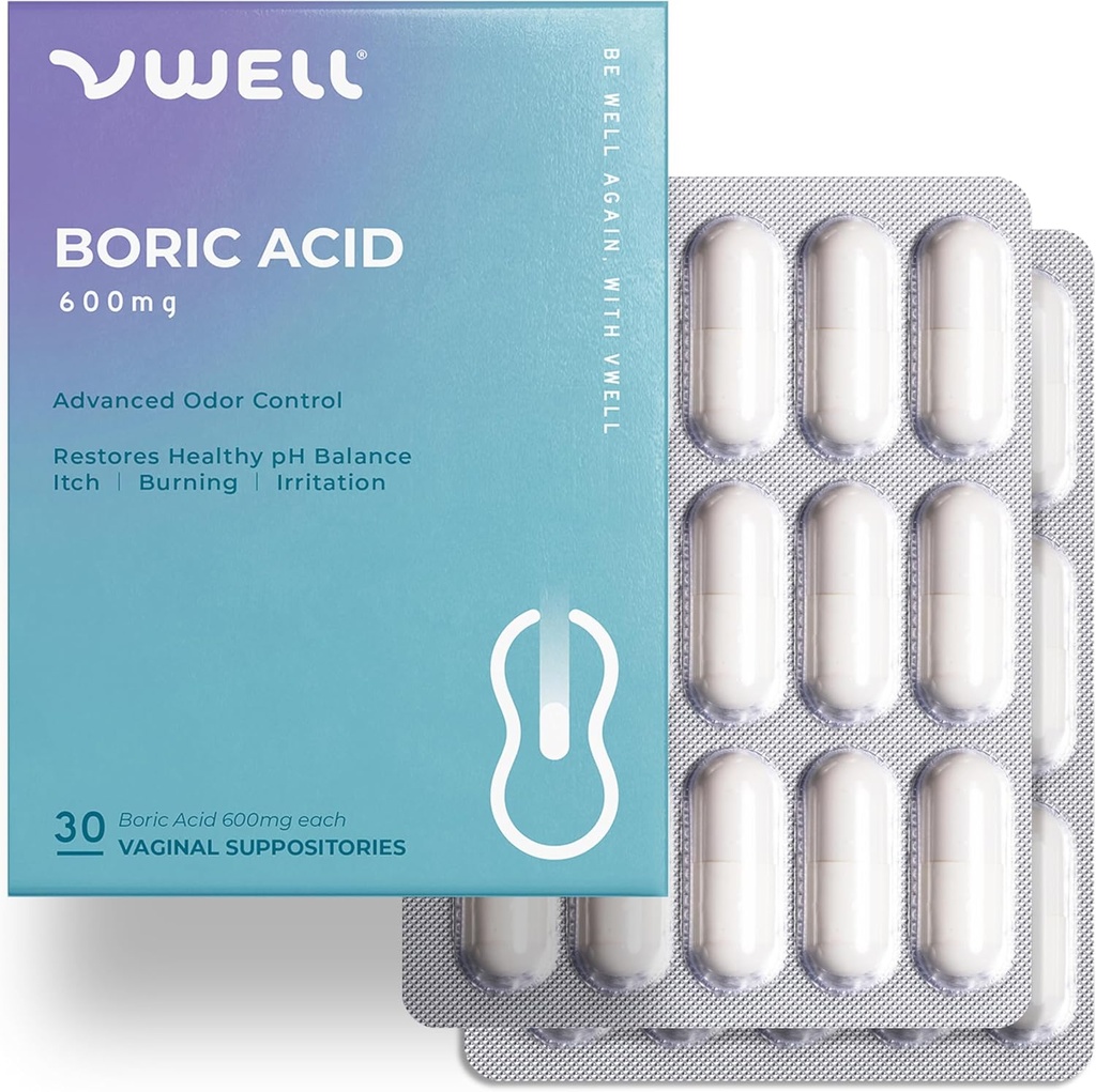 VWELL Acide borique Suppositoires vaginales - Maintien et équilibre pH vaginal sain et microbiome pour gérer l'irritation brûlante odor démangeaison - Médecins recommandés (Une taille, 30, Compte)