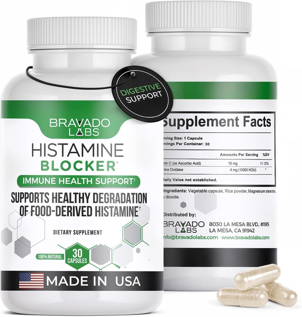 Bravado Labs DAO ergänzt Histamin Blocker - DAO Enzyme + Diamine Oxidase & Vitamin C für Daily Histamin Stoffwechsel & Immununterstützung - 30 ct