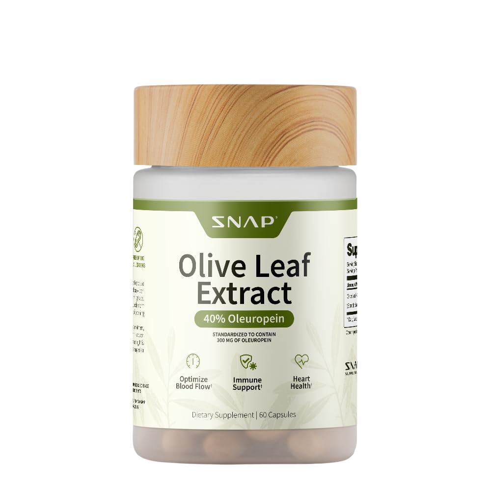 Snap Supplements Olivenöl Blatt Extrakt Kapseln - Super Strength 40% Oleuropein für Blutfluss-Unterstützung, Verbesserung der Verdauung, Antioxidans Boost Supplement, Verbesserung der Gehirnfunktion (60 Kapseln)