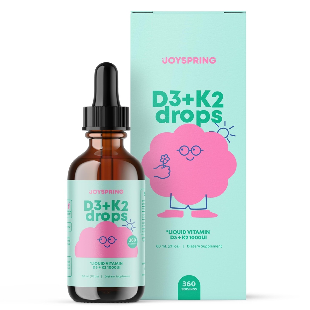 JoySpring Vitamin D3 Kids Drops mit K2 – Flüssige Ergänzung für Calcium Absorption & Gelenke Gesundheit – 360 Portionen (2 fl oz) – Vitamin D Kinder Alter 3-18