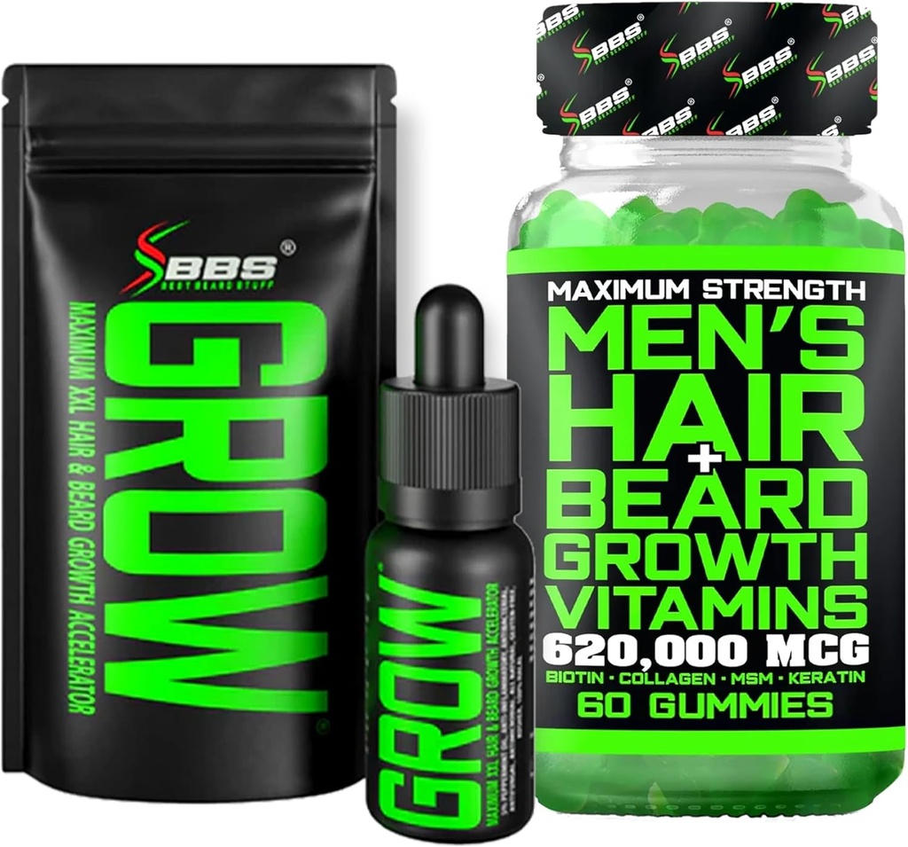 Kit de croissance de la barbe avec huile et sérum de la barbe pour la croissance faciale pour les hommes + résistance maximale 620 000 mcg 14-en-1 BIOTIN Vitamines de croissance faciale pour les hommes - Formulé en Amérique
