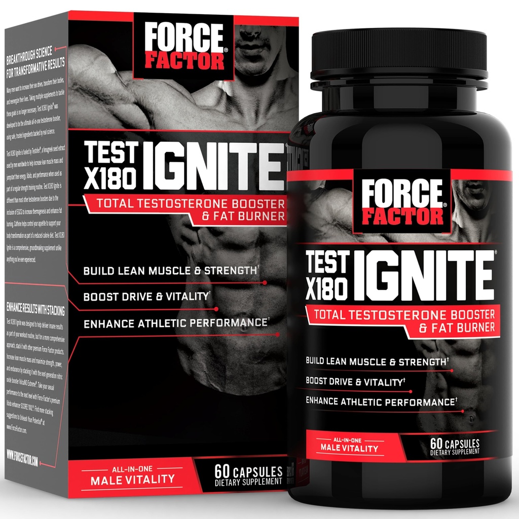 FORCE FACTOR Test X180 Ignite Total Testostérone Booster pour hommes avec graines de fénugreek et extrait de thé vert pour construire le muscle maigre, stimuler l'énergie et améliorer la performance, 60 comte