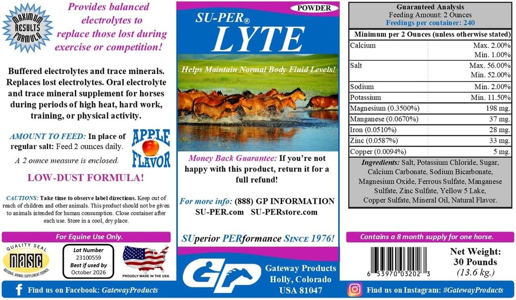 SU-PER Lyte Horse Elektrolyt-Ergänzung - Hilft, normale Körperflüssigkeit Niveaus - Performance Horse Minerals & Elektrolyte Ersatz - 30 Pfund, 8 Monate Versorgung