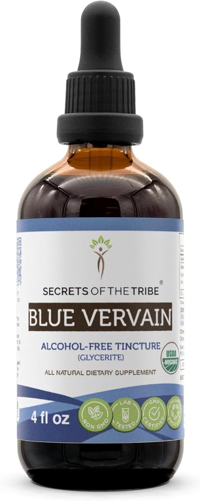 Secrets of the Tribe Blue Vervain USDA Organic | Alkoholfreier Extrakt, hochkarätige Kräutertropfen | Herb aus 100% Certified Organic Blue Vervain (Verbena Hastata) Getrocknete Kräuter (4 oz)