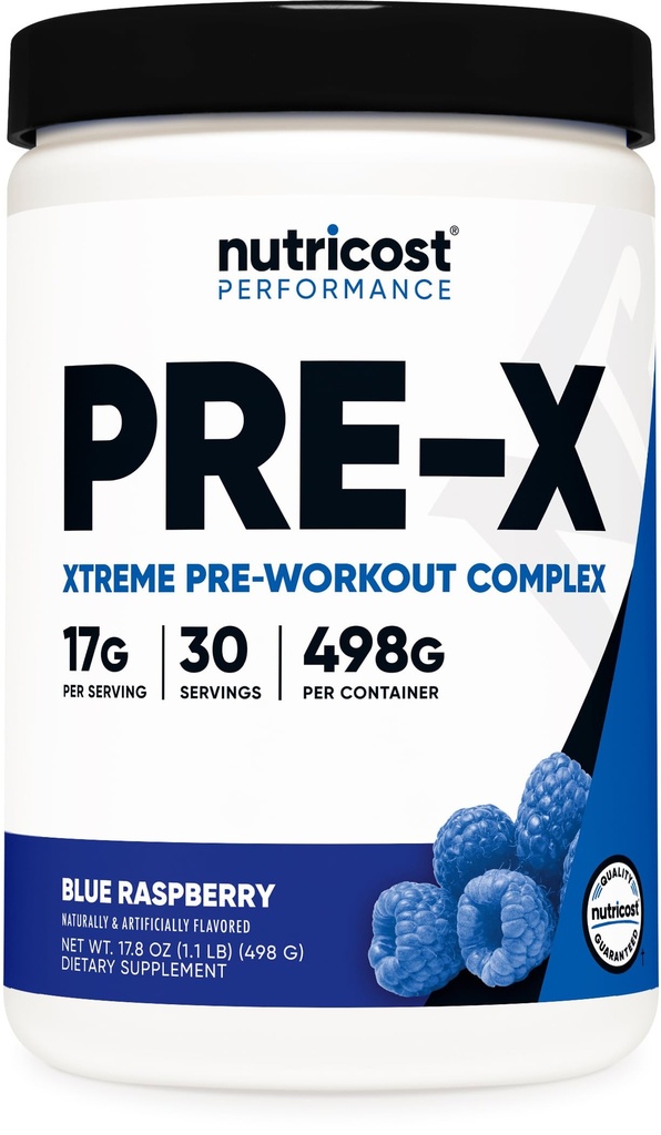 Nutricost Pre-X Xtreme Pre-Workout Poudre complexe, framboise bleue, 30 portions, végétarien, non-OGM et sans gluten