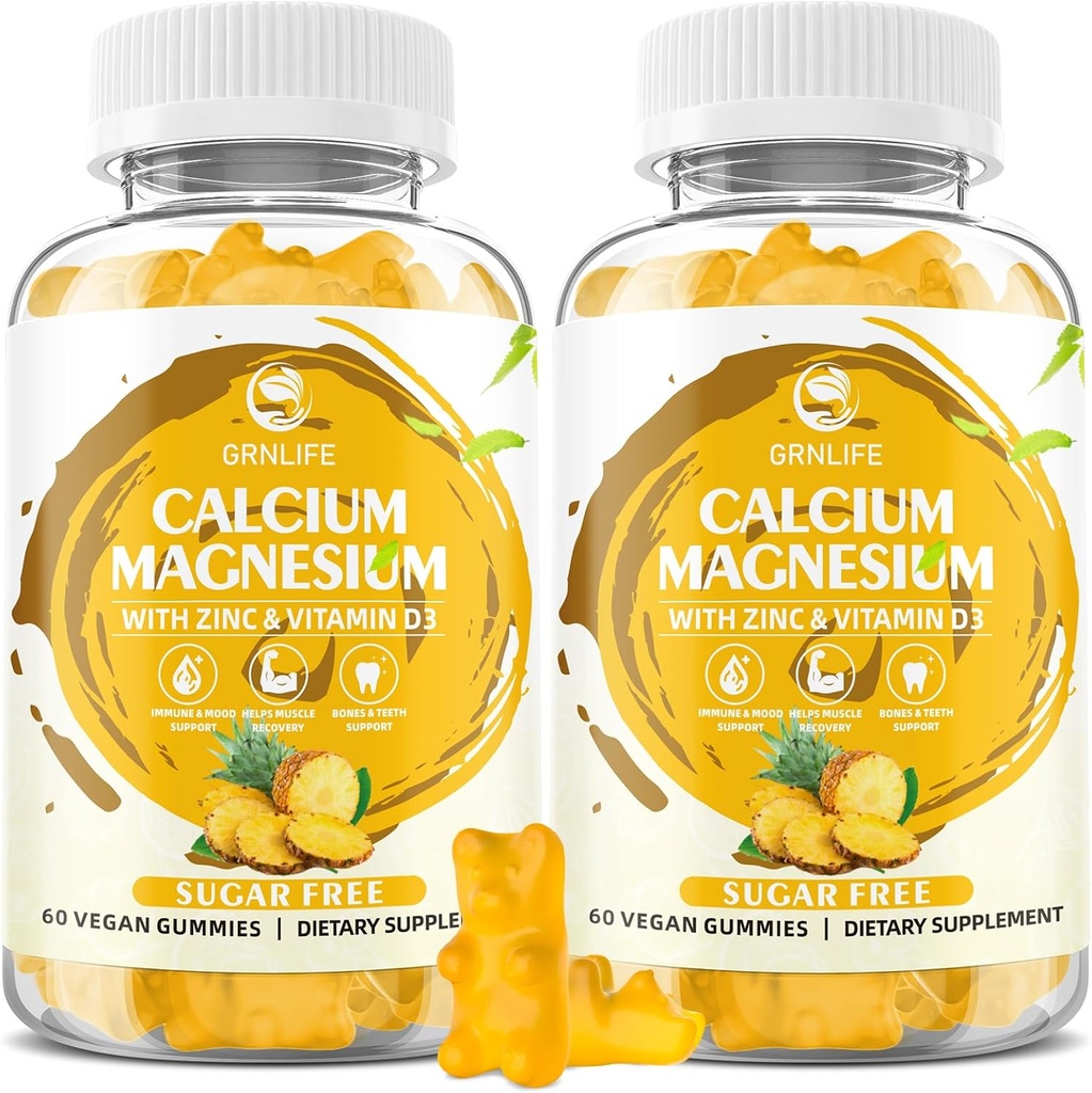 Calcium Magnesium Zink-Gummien mit Vitamin D3, Zucker freie Calcium-Gummi-Gummi für Frauen, Hohe Potenz Magnesium für Knochen & Muskel & Immun Gesundheit, Ananas Flavor - 120 Zähler