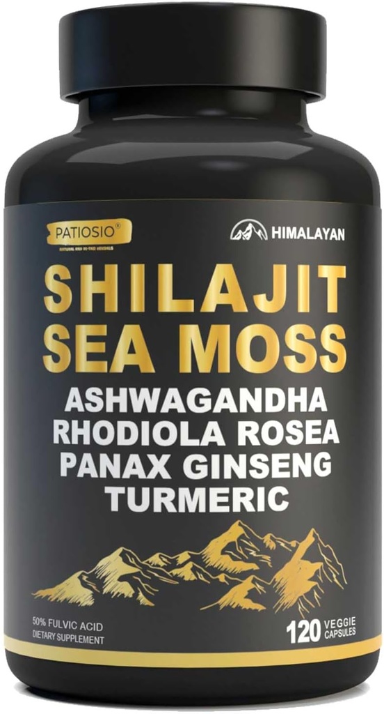 Shilajit Kapseln für Herren - 50% Fulvic Säure, 85+ Trace Minerals Pure Himalayan, Shilajit Resin Extrakt mit Sea Moss, Ashwagandha-für Energie, Stamina -120 Kapseln