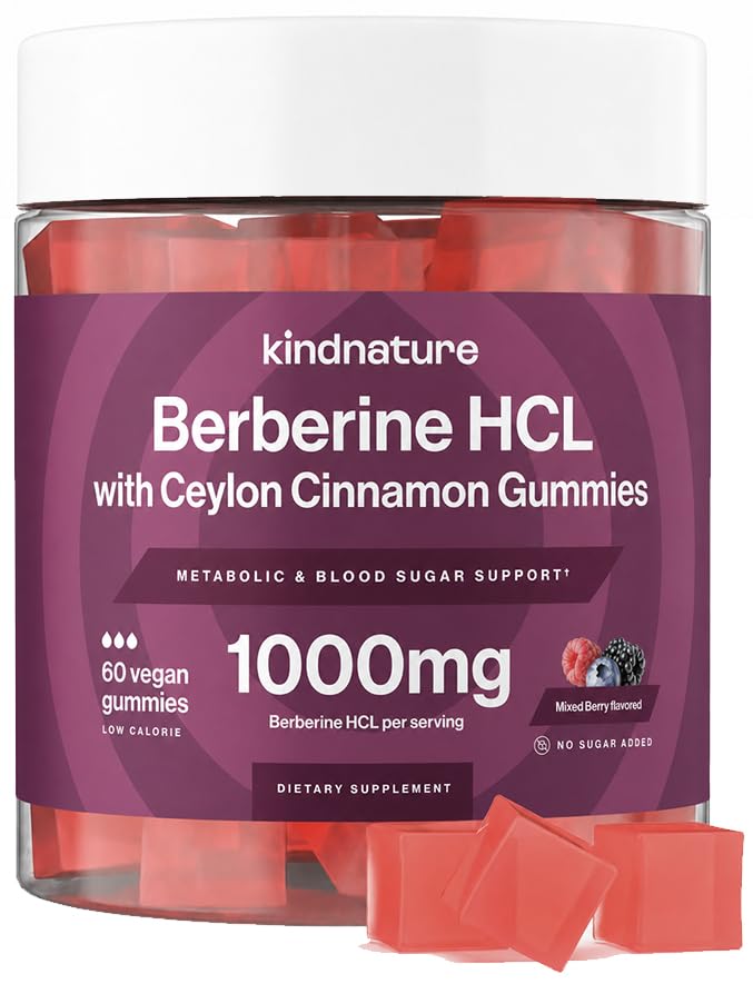 kindnature Berberine Gummies 1000mg mit Ceylon Cinnamon & Resveratrol – Sugar-Free Vegan Ergänzung für Blutzucker Unterstützung, Stoffwechsel, Cravings Wellness – Non-GMO, Gluten-Free