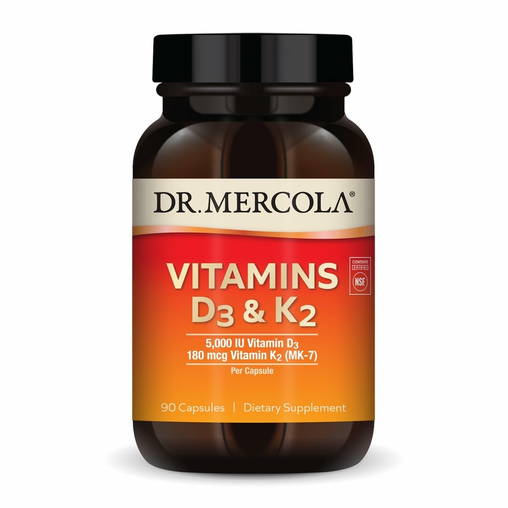 Dr. Mercola Vitamine D3 & K2 Nahrungsergänzung, 90 Portionen (90 Kapseln), Unterstützt Herzgesundheit, Immununterstützung, Non GMO, Soy Free, Glutenfrei