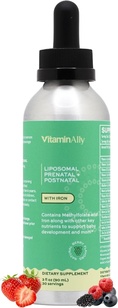 Liposomale flüssige Prenatal + postnatal Multivitamin Tropfen mit Eisen | Non-GMO| Zucker Free Glu Gluten Free| Gluten Free| Easy to Swallow| Unterstützt sowohl Babyentwicklung als auch Moms 30 Day Supply| 3 Fl OZ