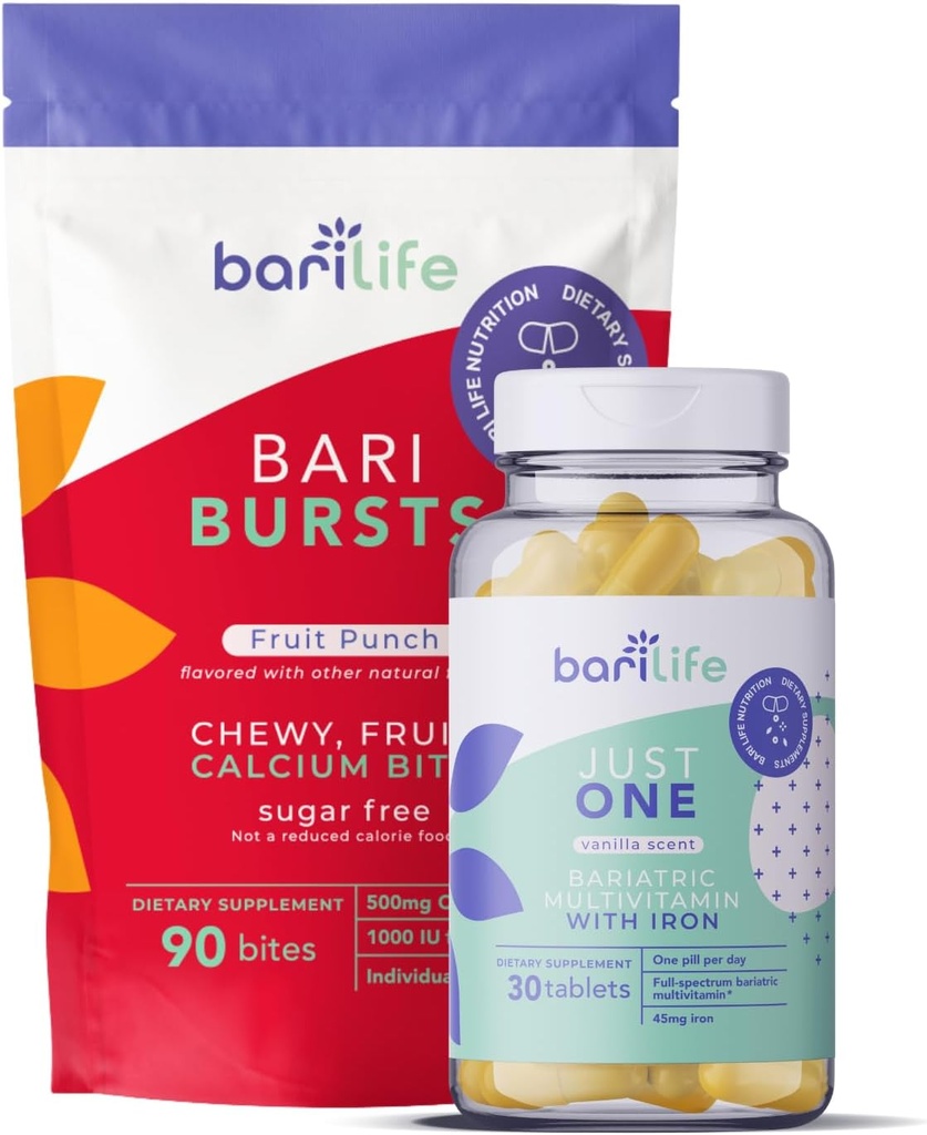 Bari Life Just One, Einmal täglich Bariatric Multivitamin mit Eisen (30 Tabletten) und BariBurst Kalzium Citrate Soft Chews für Magen-Bypass, Magen- und Duodenal-Schalter (Fruit Punch)