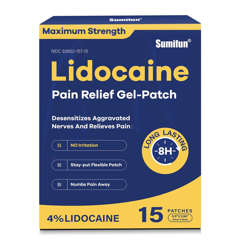 Sumifun 4% Lidocaine Pain Relief Patches 15 Zähler maximale Stärke Numbing Gel Patch für Back Knee Neck Joint Ache Muscle Soreness Topical Analgesic
