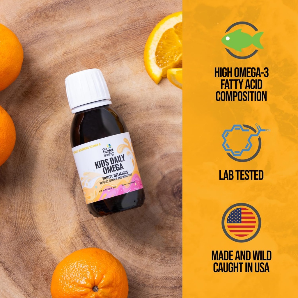 Auf Ziel lebende Kinder Täglich Omega- Fruchtig Geschmack 3.33 Unze. Natürlich | Natürliche Vitamine A & D | Monk Frucht & Orange Flavor | Premium Line Caught Cod Liver Öl