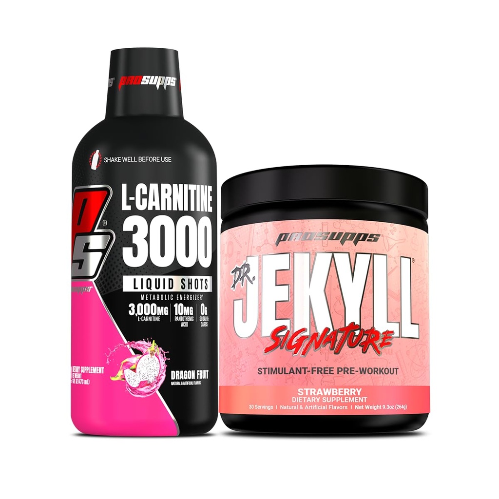 PROSUPPS L-Carnitin 3000 Stimulant freie flüssige Schüsse (31 Servierungen, Drachenfrucht) und Mr. Hyde Signature Serie Pre-Workout Energy Powdered Drink (30 Servierungen, Erdbeere) Bundle