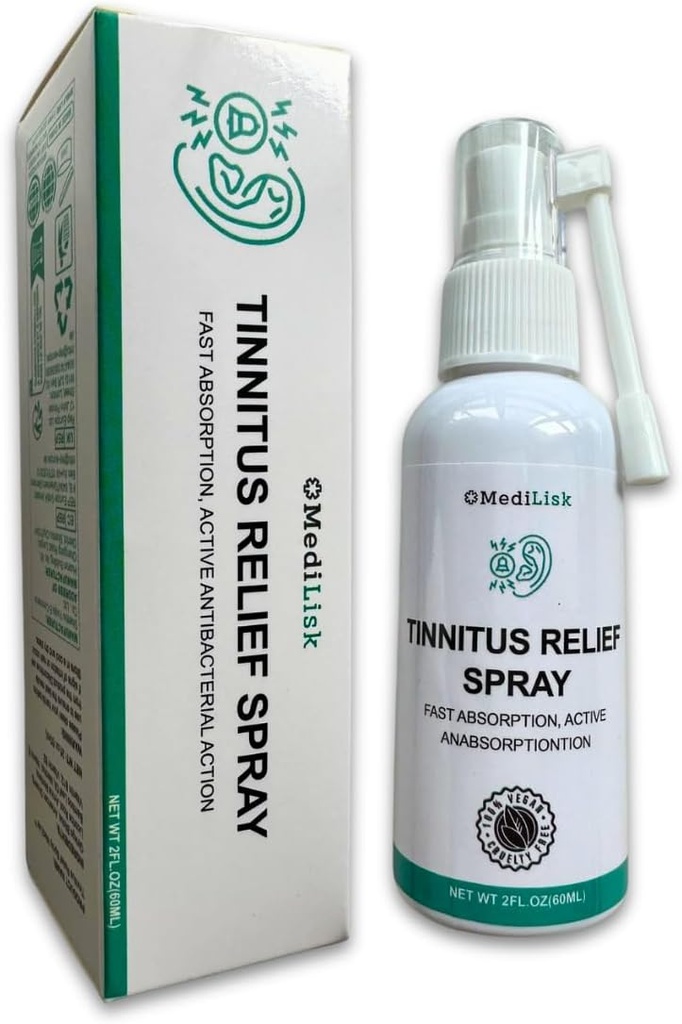 Médilisk Acouphène Relief Spray – Supporte le soulagement de l'acouphène pour les oreilles sifflantes – Produits de soins de l'oreille à base de plantes – Traitements de l'acouphène Prévention – Non stéroïdien et hypoallergénique – 1 Fl Oz – Pack de 1