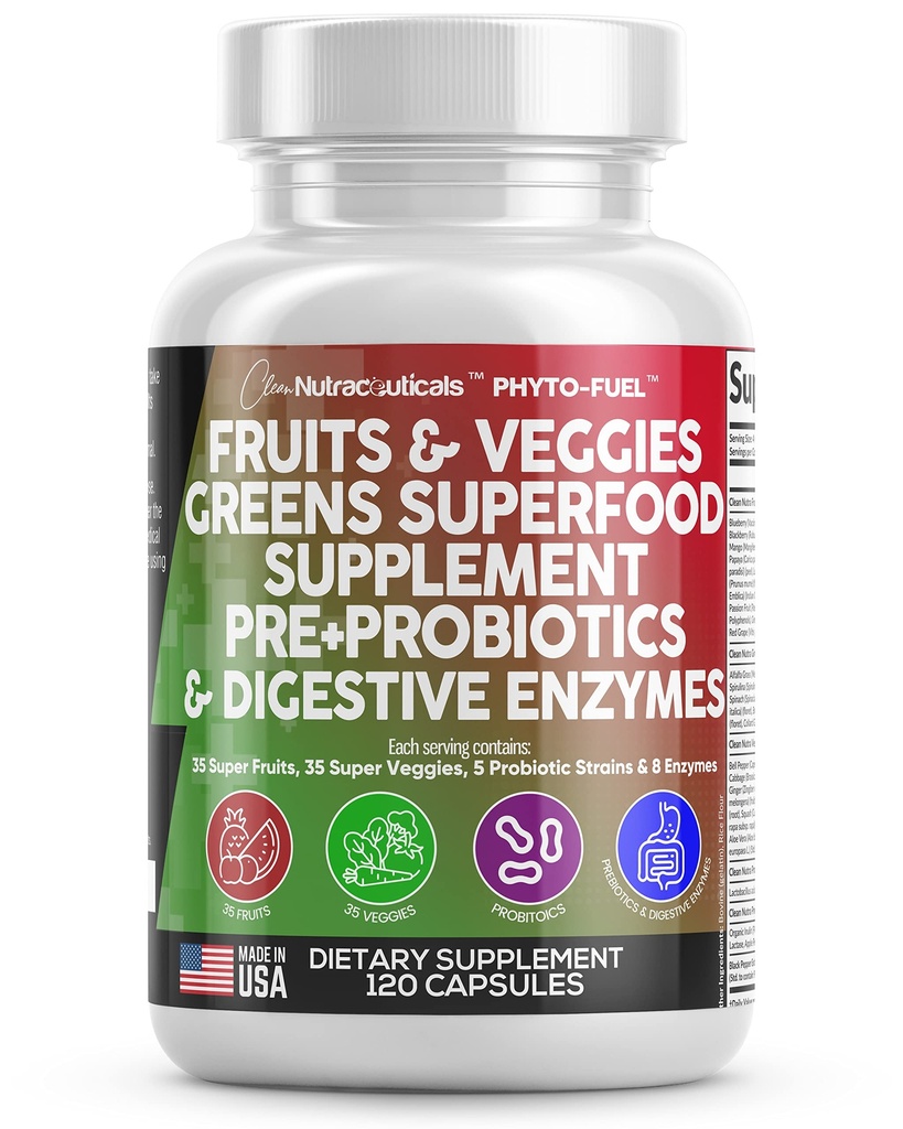 Clean Nutraceuticals Früchte und Gemüse Ergänzung Reds & Green Superfood - Balance von über 70 Obst & Gemüse Ergänzungen Kapseln mit Probiotics Prebiotics Verdauungsenzyme - 120 Ct USA