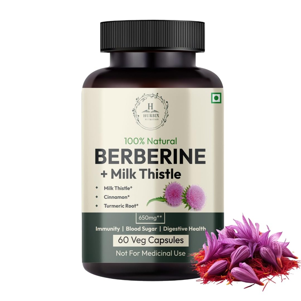 Hurbix Berberine - 1300 mg | 5 in 1 Erweiterte Formel mit Milchdistel, Turmeric & Cinnamon | Premium High-Potency Formel | 60 Kapseln