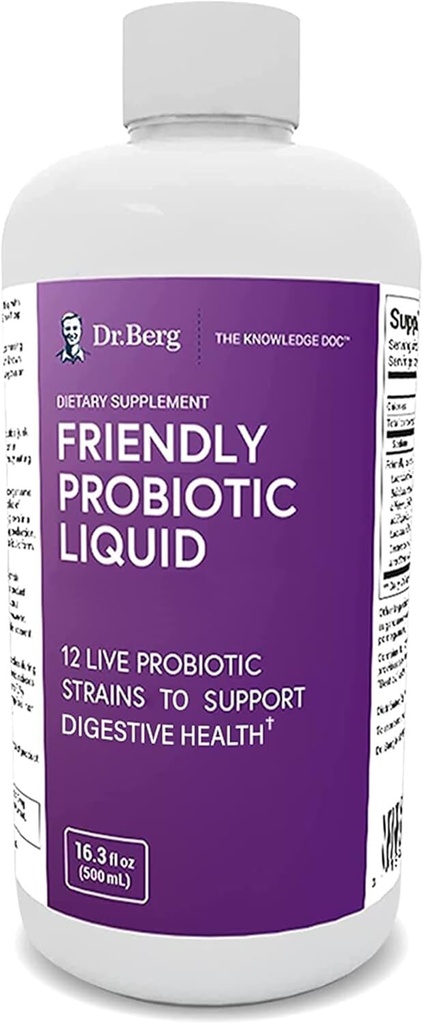 Dr. Berg's Friendly Probiotic Liquid Supplement Drink Mix w/ 12 Live Probiotics Strains & Lactobacillus Acidophilus - Digestive Health, Immune System & Gut Support for Men Women & Kids -1 Month Supply