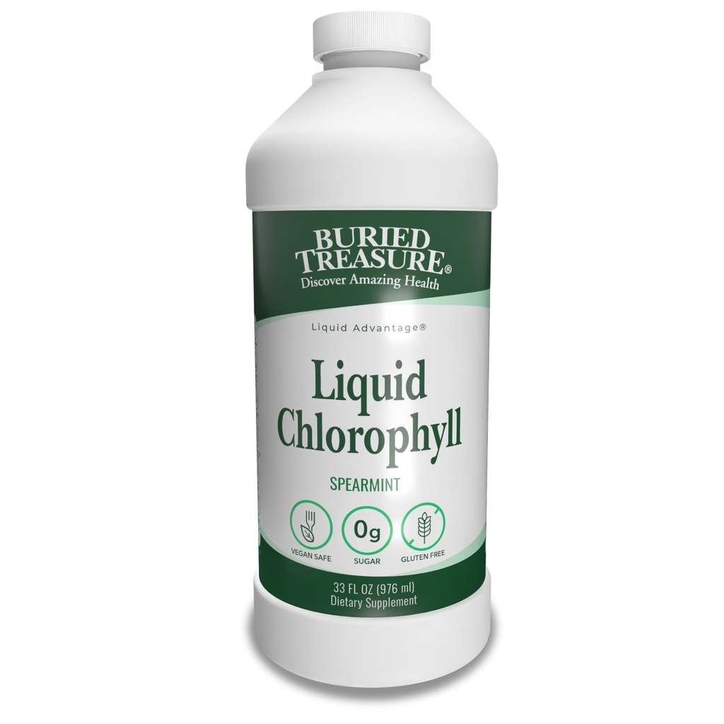 Buried Treasure Liquid Chlorophyll 100 mg, Nahrungsergänzungsmittel, Darm Verdauungsunterstützung Natürliche Körperdeodorant Vegan Non-GMO Alkoholfrei, Spearmint Flavor 32oz