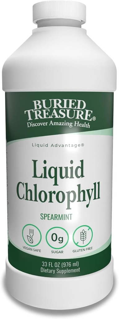 Buried Treasure Liquid Chlorophyll 100 mg, Nahrungsergänzungsmittel, Darm Verdauungsunterstützung Natürliche Körperdeodorant Vegan Non-GMO Alkoholfrei, Spearmint Flavor 32oz