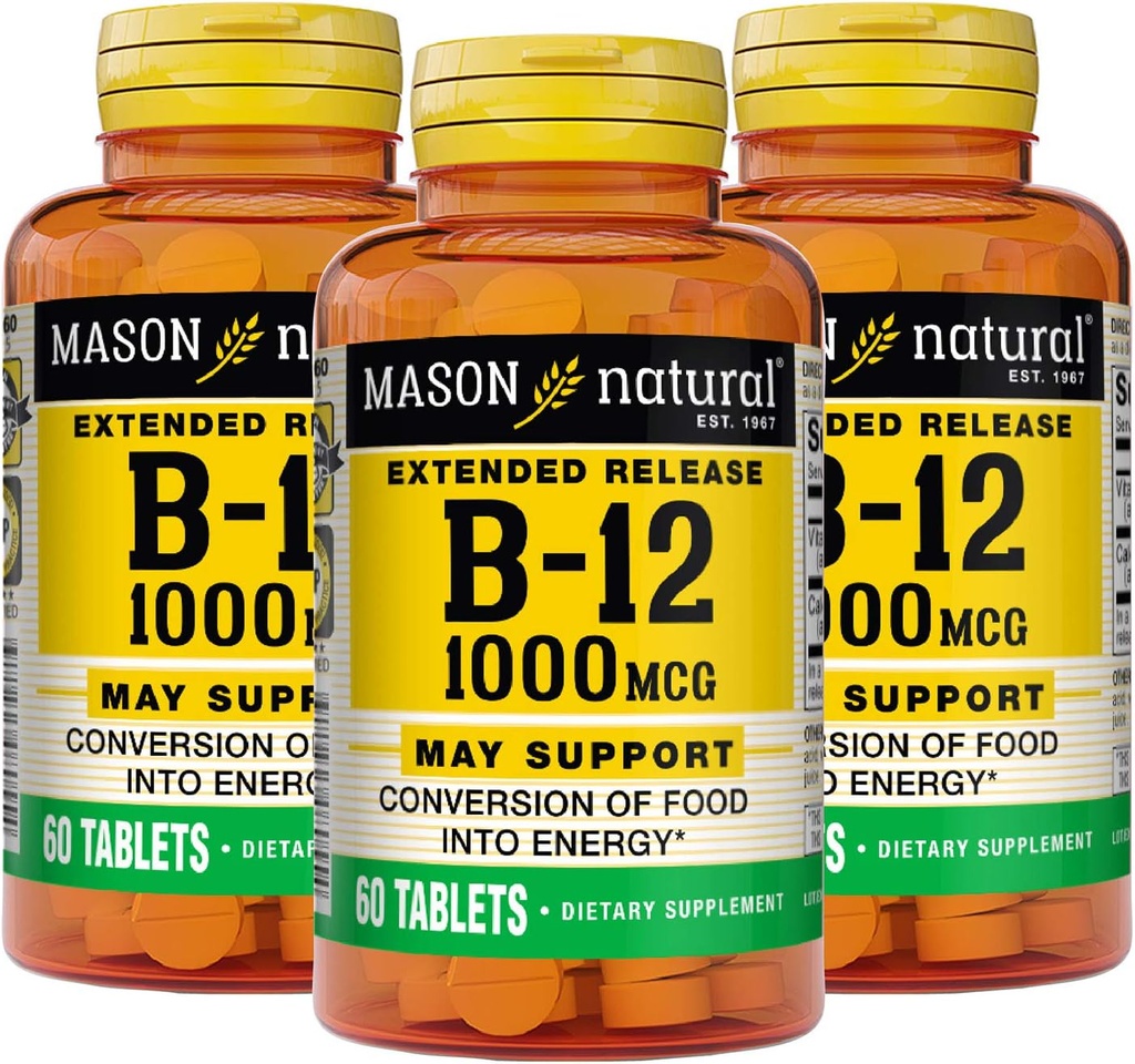MASON NATURAL B-12 1000Mcg Comprimés à libération prolongée de cyanocobalamine, bouteilles de 60 tasses (paquet de 3)