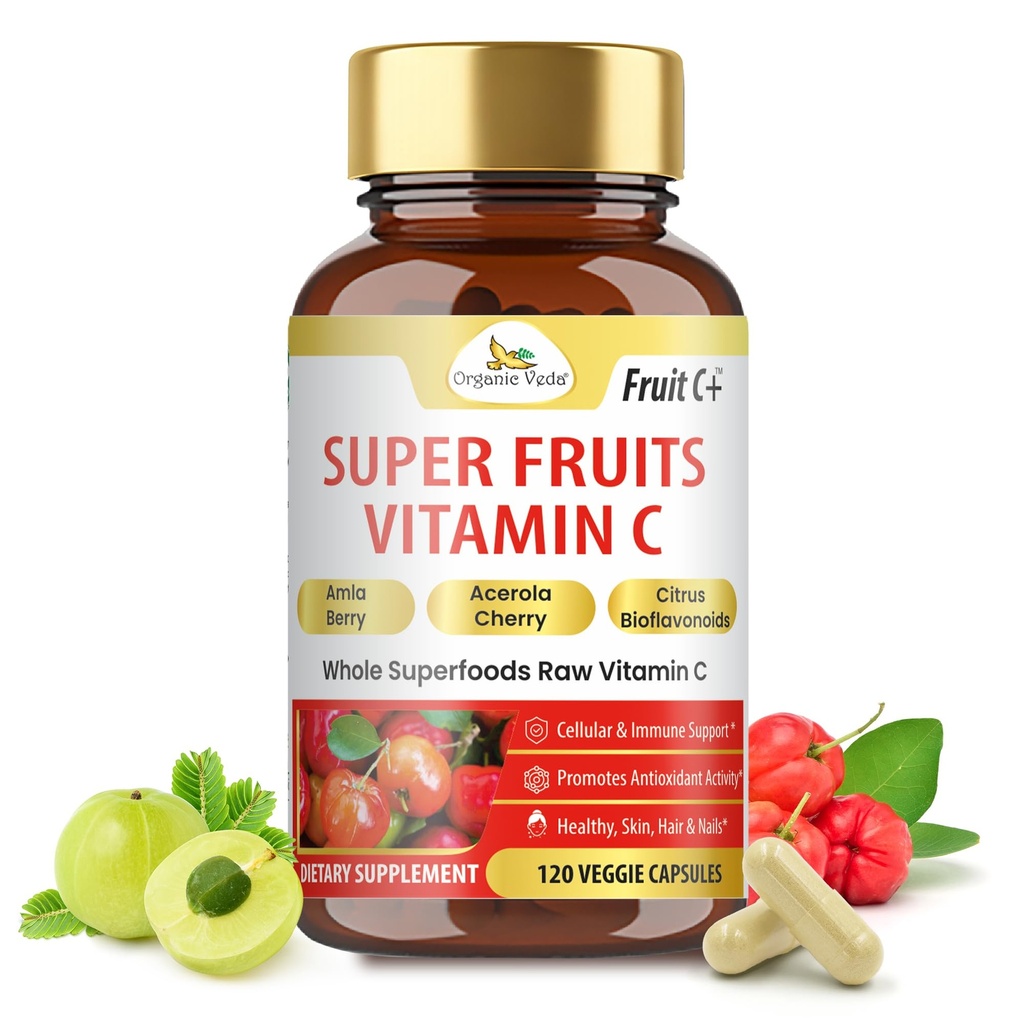 Bio Veda Superfruits Vitamin C Kapsel mit Acerola Kirsche & Amla Berry - Ganze Nahrung natürliche Vitamin C Ergänzung mit Citrus Bioflavonoide für Immunität, Cellular & Haut Gesundheit - 120 Vegan Pillen