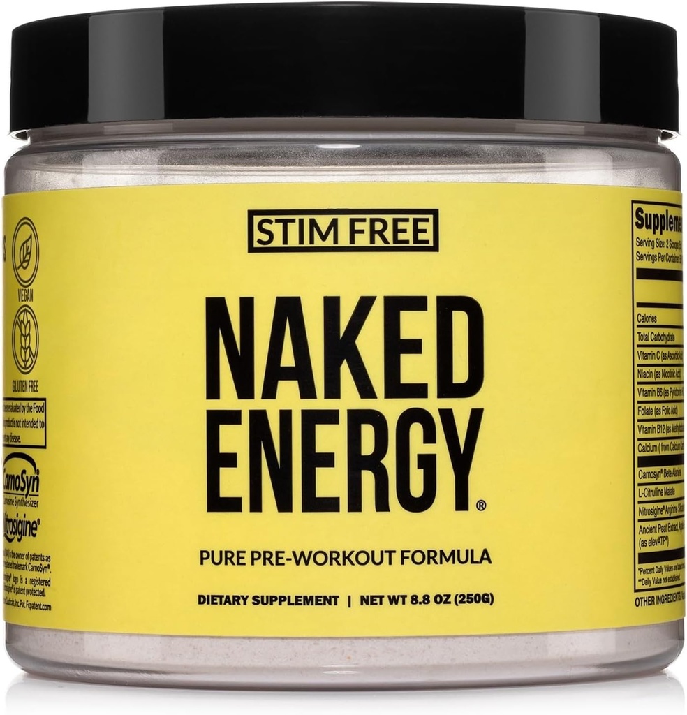 NAKED Energy – Stim Free Préentraînement sans caféine, pour les hommes et les femmes, végétalien amical, pas d'adoucissants artificiels, couleurs ou saveurs – 50 portions
