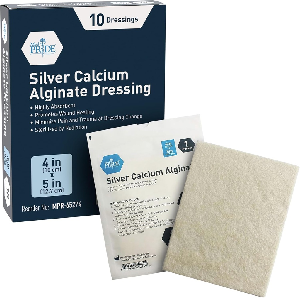 MED PRIDE Calcium en argent Alginate Wound Dressing, 10-Packs, très absorbant, antiadhésif, algues, enlèvement facile (4'' x 5'' argent)
