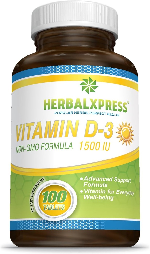 Herbalxpress Vitamin D (als Cholecalciferol) 1.500 IU (100 Tabletten) ist die perfekte Ergänzung zu einem gesunden Lebensstil, Knochen, Zähne, Muskeln, Immunfunktion und Wohlbefinden, Non-GMO und Gluten-Free.