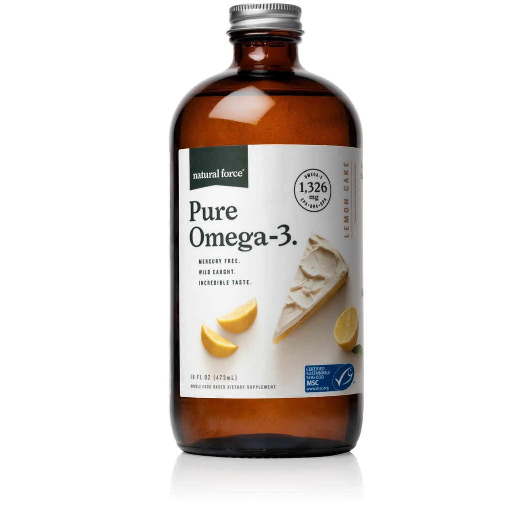 Force naturelle Oméga pur 3 - Huile de poisson liquide - Delicious Lemon Cake Flavor - Sans mercure, prise sauvage, laboratoire testé - 1,326 mg Triglycéride EPA, DHA, et DPA - 16 Oz bouteille en verre
