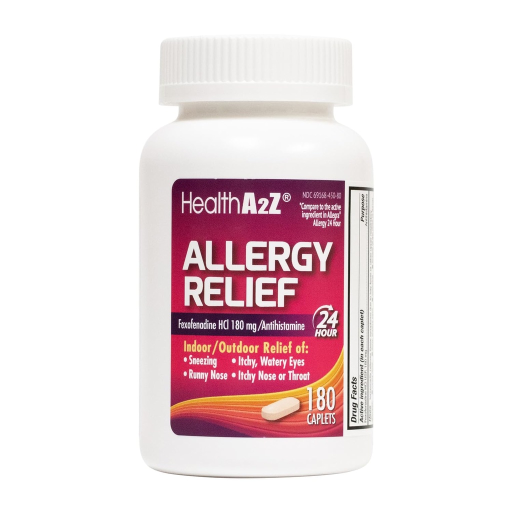 HealthA2Z® Allergy Relief (en anglais seulement) Fexofenadine Hydrochloride 180mg (en anglais seulement) 180 Caplets (en anglais seulement) Antihistamine Antihistamine 24h/24 anti-allergie Relief intérieur/extérieur