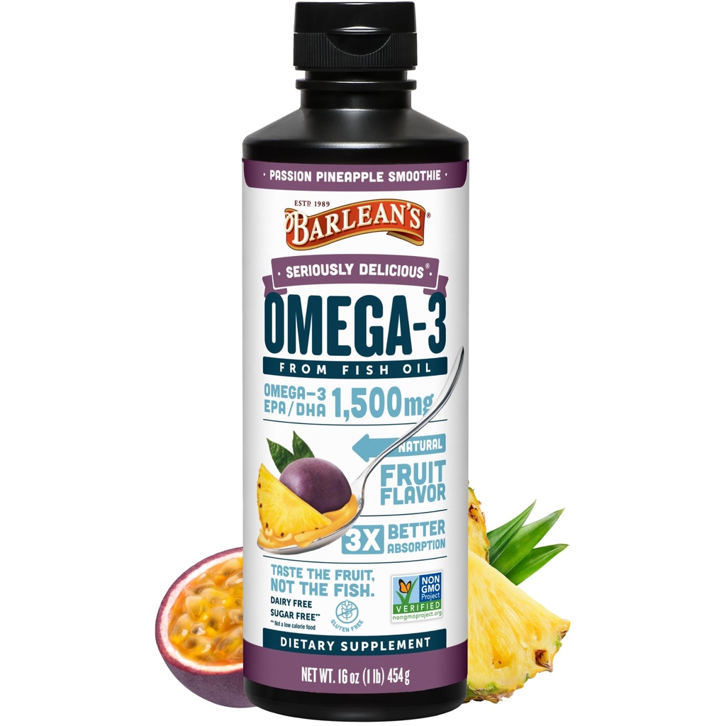 Barlean's Omega 3 supplément liquide d'huile de poisson pour les hommes et les femmes, ananas passion, 1500mg EPA et acide gras DHA, 16 oz