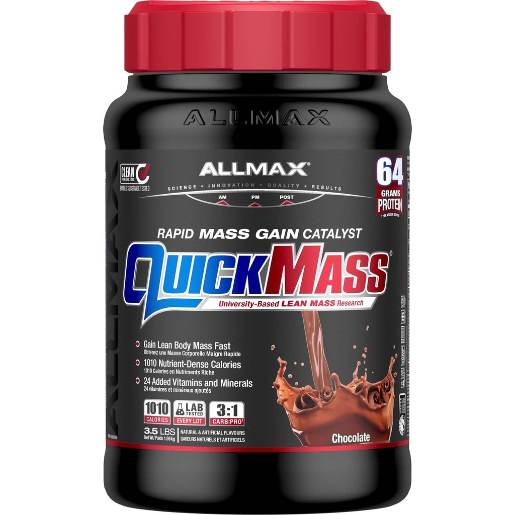 ALLMAX QUICKMASS, Chocolat - 3,5 lb - Catalyseur de gain de masse rapide - Jusqu'à 64 grammes de protéines par portion - 3:1 Rapport glucides/protéines - Zéro gras trans - Jusqu'à 24 portions
