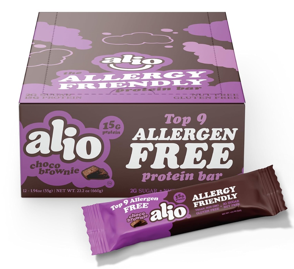 Alio Protein Bars - Choco Brownie (12 Bars) – frei von den Top 9 Food Allergens, High Protein, Low-Calorie, Vegan, Glutenfrei, Nut-Free, Non-GMO, Plant-Based, Seed Oil Free, Delicious & Healthy Snack