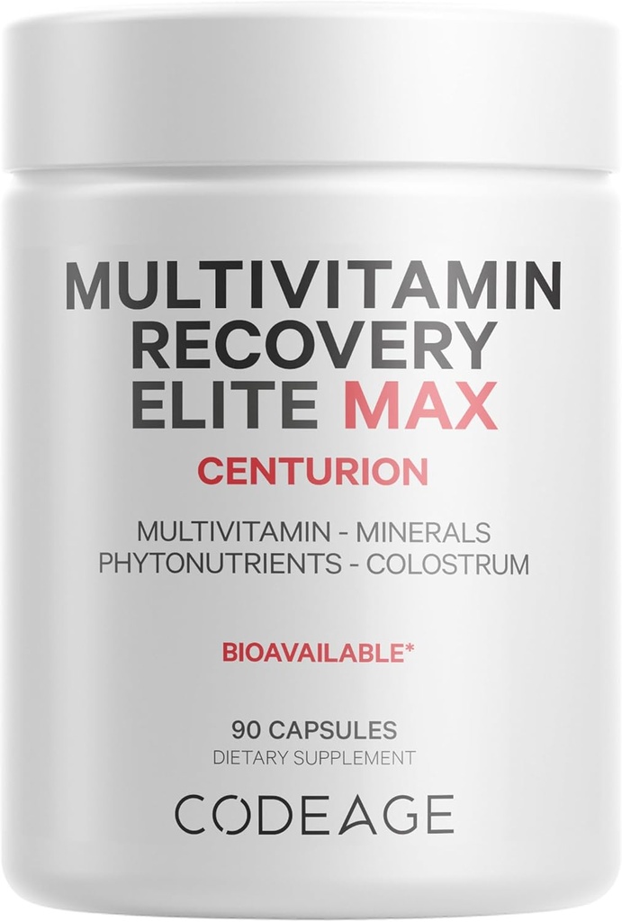 Codeage Multivitamine Recovery Elite Max Supplément - Vitamines A, C, D, E, B-Complex, Minéraux essentiels, Antioxydants, Colostrum, Phytonutriments, Pantethine, Non-OGM, Multivitamines Sportives - 90 Capsules