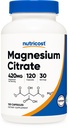 Citrate de magnésium Nutricost 420mg, 120 Capsules de légumes - 30 portions, sans gluten, supplément non OGM
