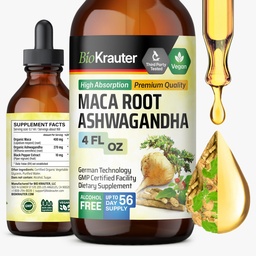 BIO KRAUTER Maca Root und Ashwagandha Tinktur - Maca & Ashwagandha Ergänzungen für Männer & Frauen - Adaptogenic Liquid Supplement for Mood Support - Alkohol und Zucker Free Vegan Drops 4 Fl.Oz.