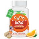 Kinder Eisen 10mg mit Vitamin C 50mg Kautabletten - Tasty Natural Flavored - Vegan, Vegan, Vegetarisch, GMO-frei, Nussfrei - Nahrungs-Eisen-Ergänzung - Blutbildung für Kinder - 120 Chewables