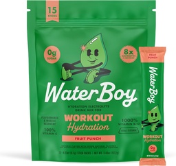 Waterboy Workout Hydration | 2,960mg Zucker Kostenlose Elektrolyt-Pulver-Packets | L-Glutamin + Vitamine | Kein Zucker, alle natürlichen, glutenfreien | 15 Getränke-Stick-Mixe (Fruit Punch)