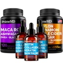5-in-1 Ceylon Cinnamon (120ct), 4-in-1 Biotin Collagen Keratin Saw Palmetto (2 fl oz - 3 Pack) & 6-in-1 Maca Root Ashwagandha (120ct) Bundle - Energy, Mood, Hair, Skin & Immun Support Supplement
