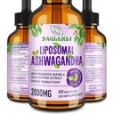 Liposomique Ashwagandha gouttes liquides 2000mg, supplément d'extrait de racine Ashwagandha (7% Withanolides) avec extrait de poivre noir et probiotiques pour focus, cognition et énergie - 2 FL.OZ (1 bouteille)