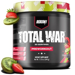 REDCON1 Total War Pre Workout, Strawberry Kiwi - L Citrulline, acide malique, extrait de feuille de thé vert pour stimuler la pompe pré-entraînement pour les femmes et les hommes - 3.2g Beta Alanine pour réduire l'échappement (30 portions)