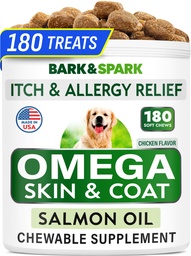 BARK&SPARK Omega 3 pour chiens - 180 Treats à l'huile de poisson pour le défrichement des chiens, les égratignures allergiques à la peau, le soulagement des démangeaisons, le traitement des taches chaudes - Santé articulaire - Supplément de peau et de manteau - ADP et ADH Acides gras - Huile de saumon