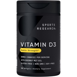 Recherche sportive Vitamine D3 2000 UI avec huile de noix de coco MCT - Supplément double résistance Vitamine D - Non-OGM Vérifié, sans gluten et sans soja – 50mcg, 360 softgels liquides