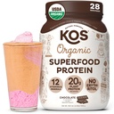 KOS Vegan Protein Powder Erythritol Free, Chocolat - Mélange de protéines de pois organiques, super-aliments à base de plantes riches en vitamines et minéraux - Keto, sans produits laitiers - Remplacement des repas pour les femmes et les hommes, 28 portions