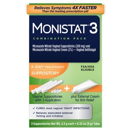 Traitement de l'infection des levures Monistat 3 jours pour les femmes, 3 suppositoires vaginales de Miconazole et crème antidémangeaison externe (9g Tube) Combo Pack