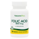 Natures Plus acide folique (méthylfolate) - 800 mcg, 90 comprimés végétaliens - favorise la croissance saine des tissus - végétalien, sans gluten - 90 portions