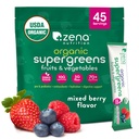 Zena Nutrition Bio Super Greens Poudre, 70+ Superfoods, 0 Sucre, Fibre de 5G, Spiruline, Chlorella, Antioxydants, Prébiotiques/Probiotiques, Enzymes digestifs, Berry mélangé, 45 paquets de boissons