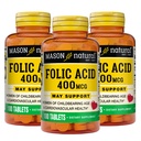 Mason Acide folique naturel 400 mcg, Supplément quotidien pour la santé, l'humeur et les soins prénatals, pour les femmes en âge de procréer, 100 comprimés (paquet de 3)