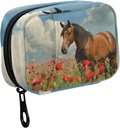 Fustylead Mane Horse Walking in Poppy Flower Field Pill Organizer Case mit Reißverschluss 2 Zeiten ein Tag für Vitamin und Supplement, 7 Tage Reise Organizer Medizin Fall